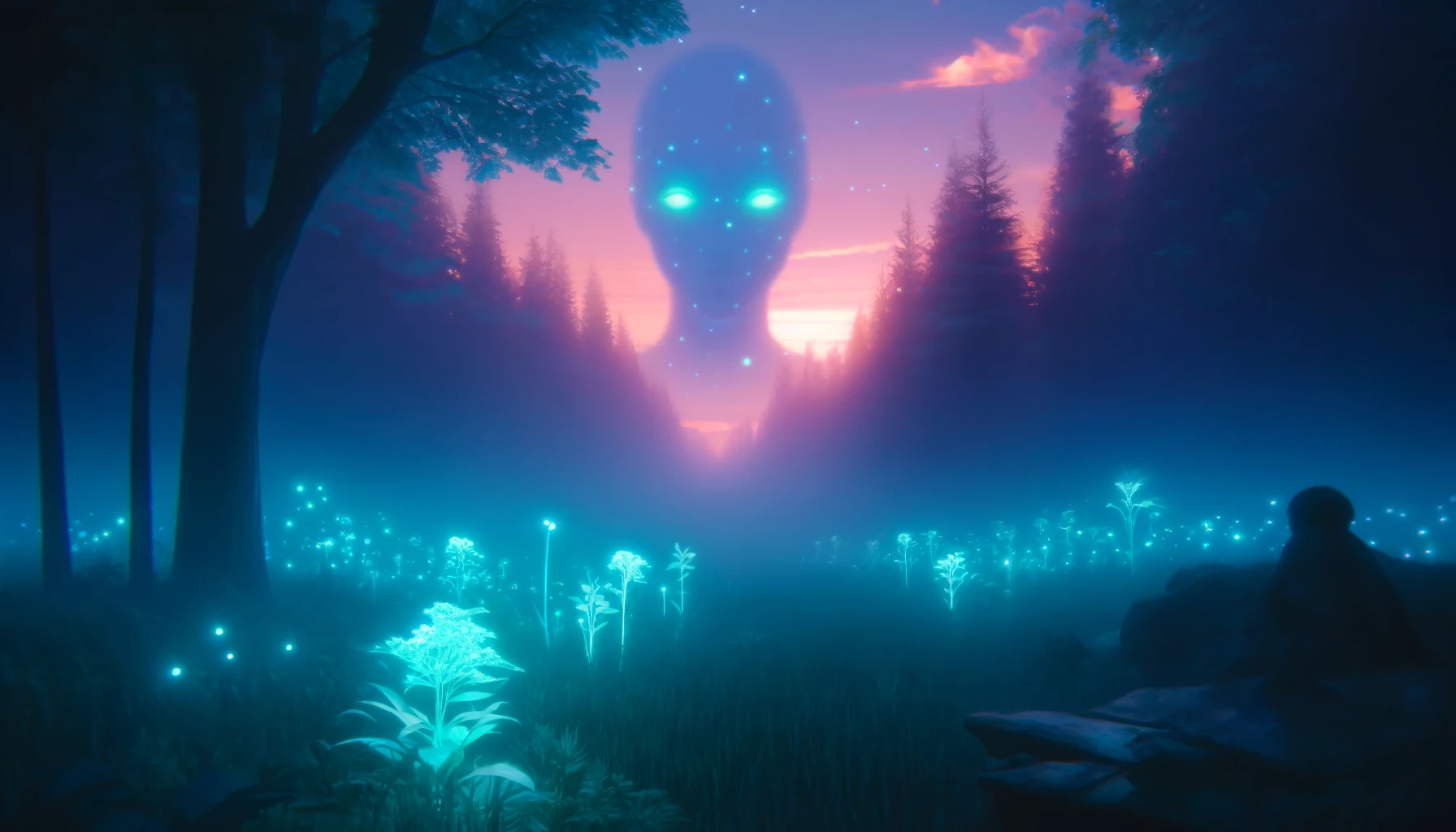 DALL·E 2024 08 03 13.50.00   A lofi sci fi art style image featuring a tranquil forest with bioluminescent plants and a soft, misty atmosphere. The scene includes soft, pastel col
